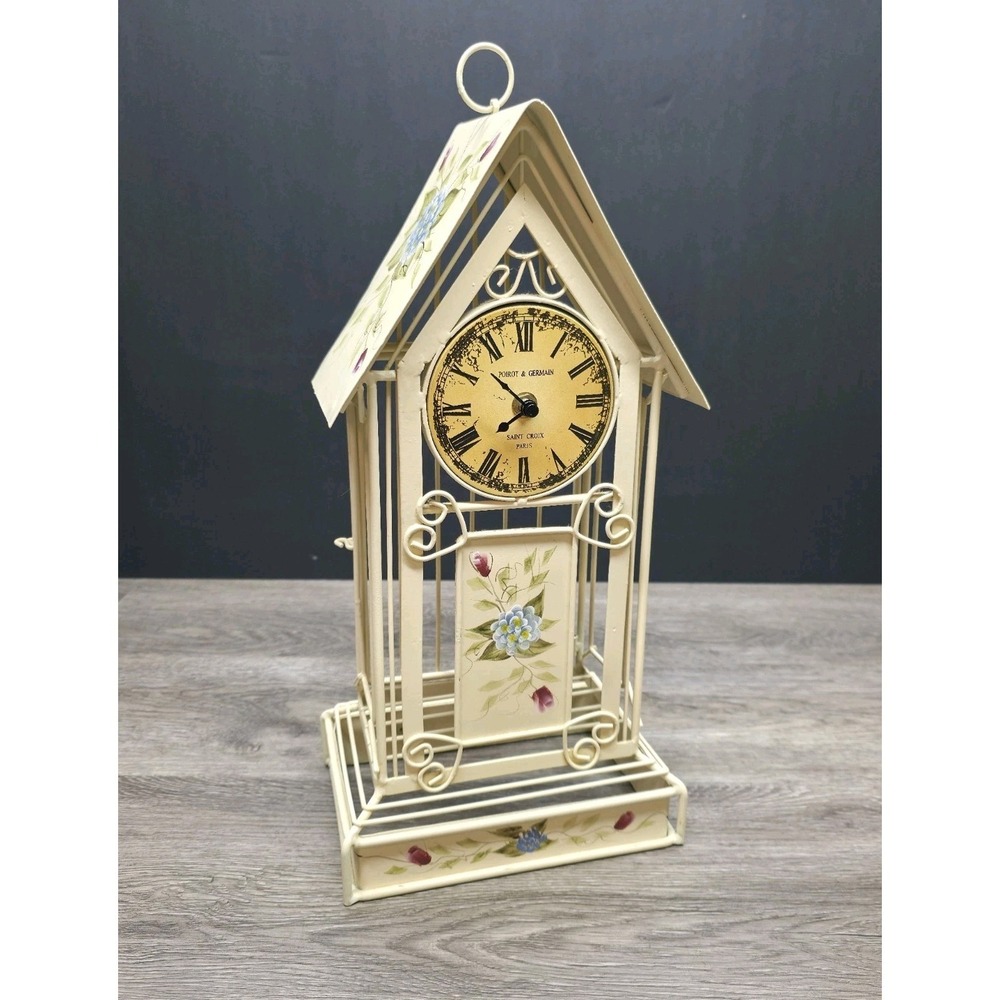 Vintage MANN Bird Cage Clock Tower Metal Floral Hand Painted 16.5" Mantel Clock